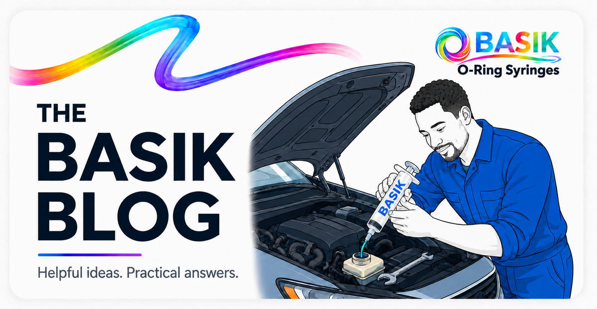 man using basik syringe to add fluid to car engine
