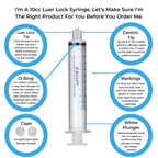 An infographic diagram showing a 10cc Luer Lock syringe with six blue circular callouts explaining product parts and features, including the Luer Lock tip, centric tip, O-ring, markings, caps, and white plunger. The syringe is branded with 'BASIK MEDICAL'.
