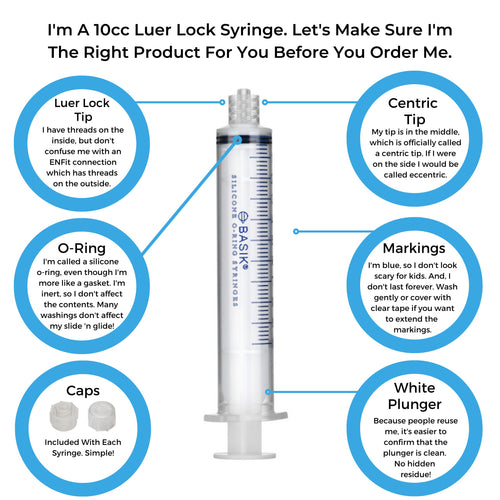 An infographic diagram showing a 10cc Luer Lock syringe with six blue circular callouts explaining product parts and features, including the Luer Lock tip, centric tip, O-ring, markings, caps, and white plunger. The syringe is branded with 'BASIK MEDICAL'.