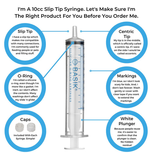 BASIK 10cc Slip Tip Syringe With Silicone O-Ring - Reusable BASIK