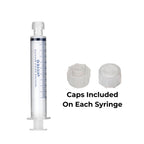 A clear plastic syringe with blue measurement markings and text reading 'SILICONE O-Ring SYRINGES' on the barrel, shown alongside two white syringe caps and the text 'Caps Included On Each Syringe' on a plain white background.