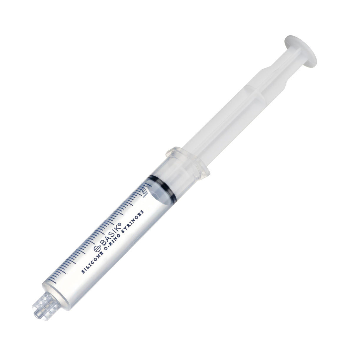 A clear plastic silicone transfer syringe with black measurement markings and text reading 'Silicone Transfer Syringes' on a plain white background.
