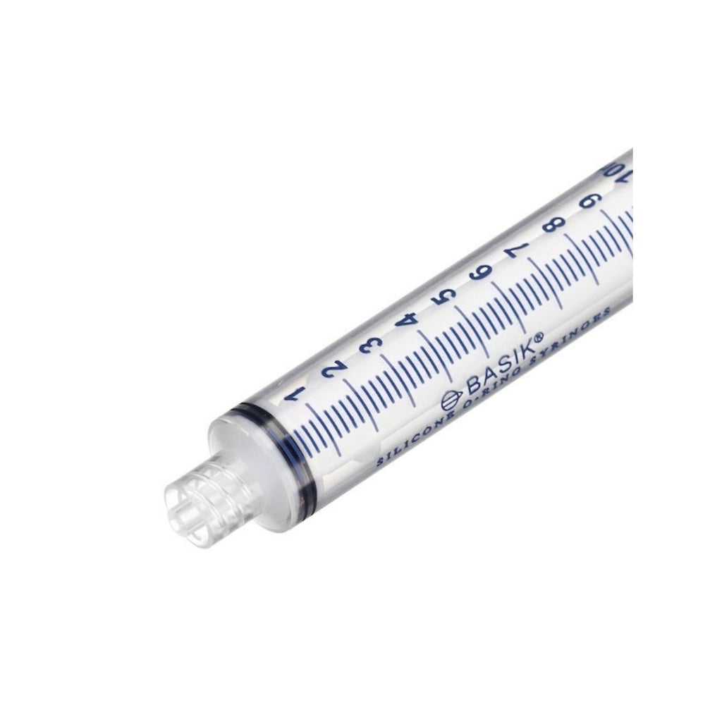 A BASIK 10ml silicone syringe with blue measurement markings and text, shown diagonally on a plain white background.